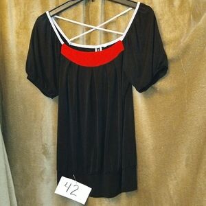 Black Women's Short-Sleeve Top with Red Accent and Crisscross Back, Size Medium